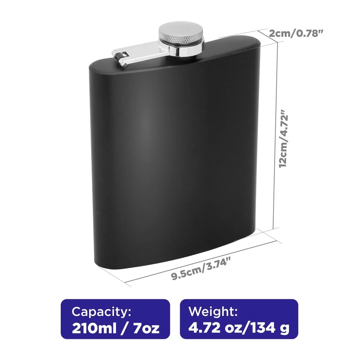 7 oz Black Stainless Steel Liquor Hip Flask, Smooth Coating Set of Two