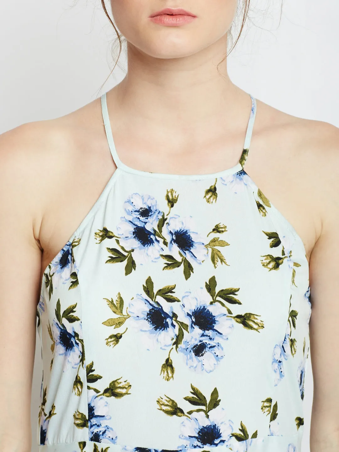 Berrylush Women Green & Blue Floral Printed Halter Neck Open Back Flared Maxi Dress
