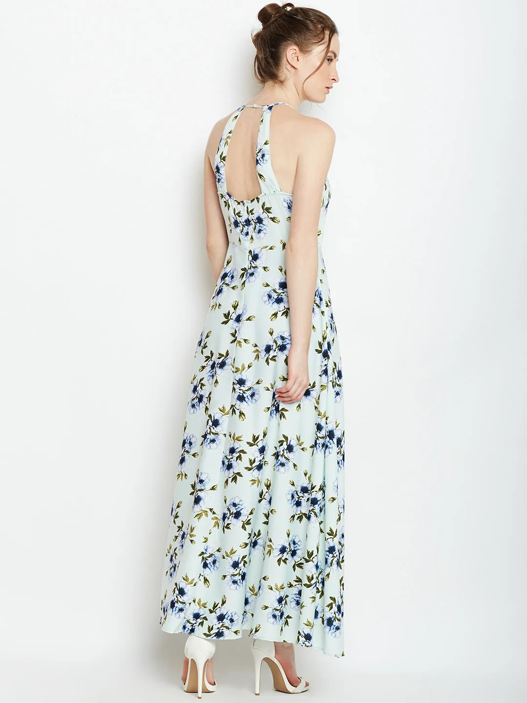 Berrylush Women Green & Blue Floral Printed Halter Neck Open Back Flared Maxi Dress