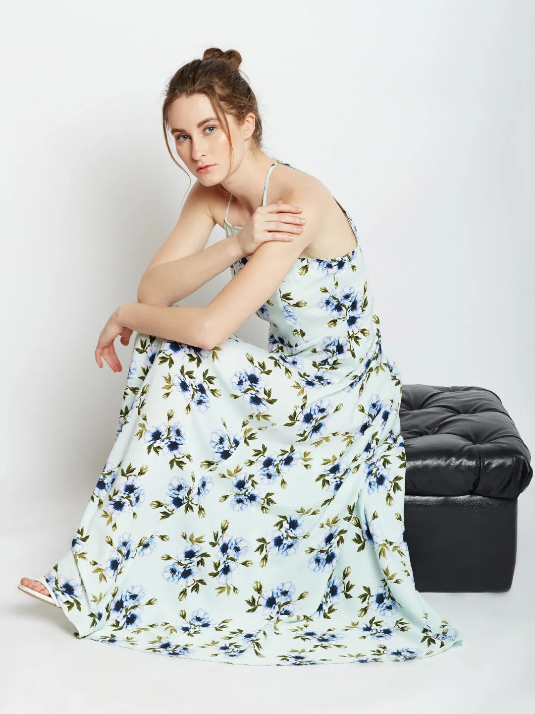 Berrylush Women Green & Blue Floral Printed Halter Neck Open Back Flared Maxi Dress
