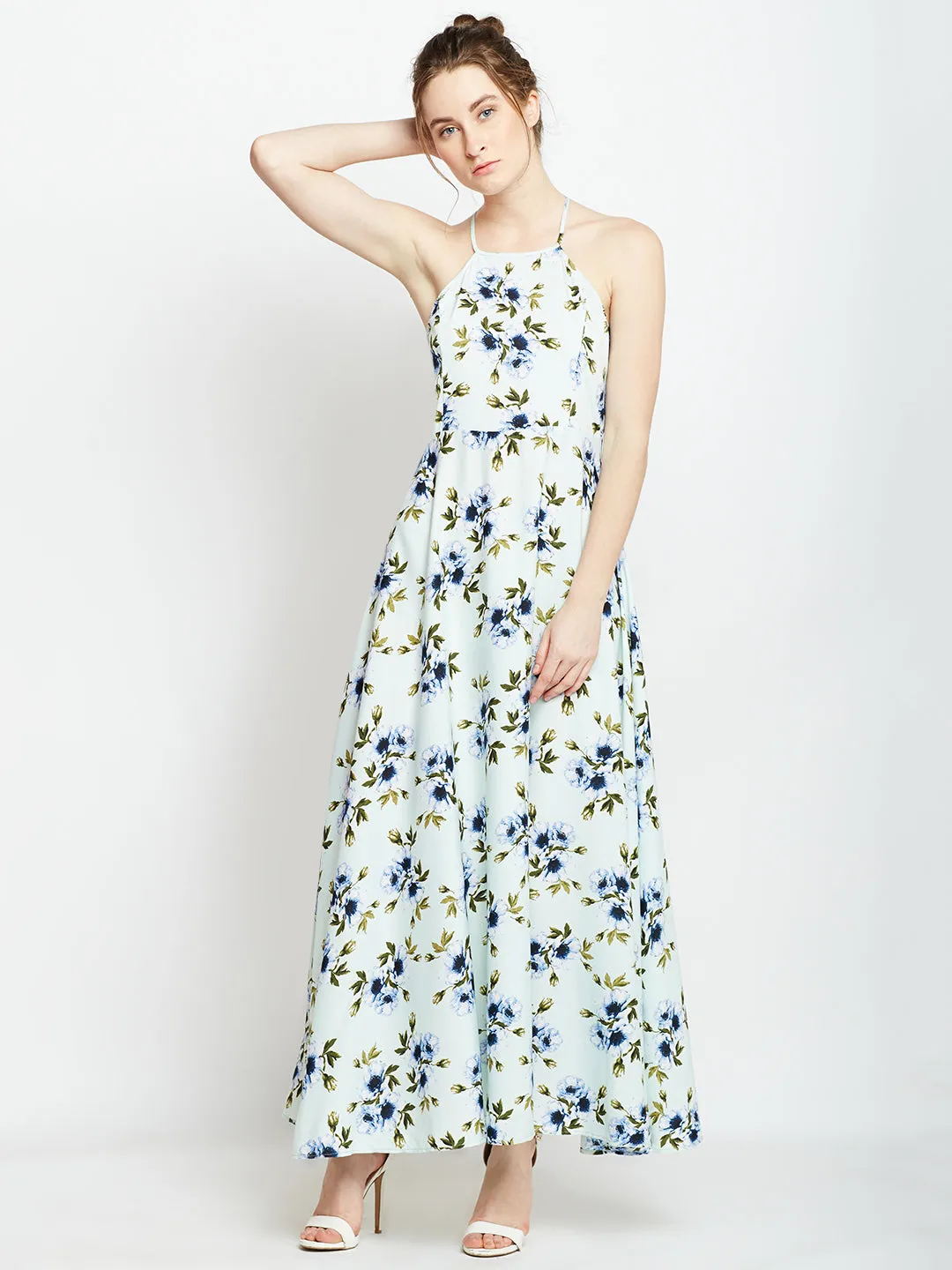 Berrylush Women Green & Blue Floral Printed Halter Neck Open Back Flared Maxi Dress