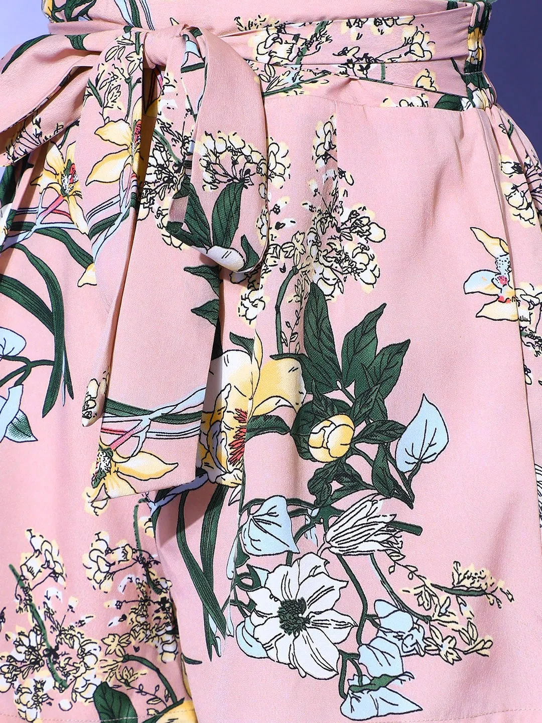Berrylush Women Pink & Green Floral Printed High-Rise Elastic Waist Front Tie-Up Regular Shorts