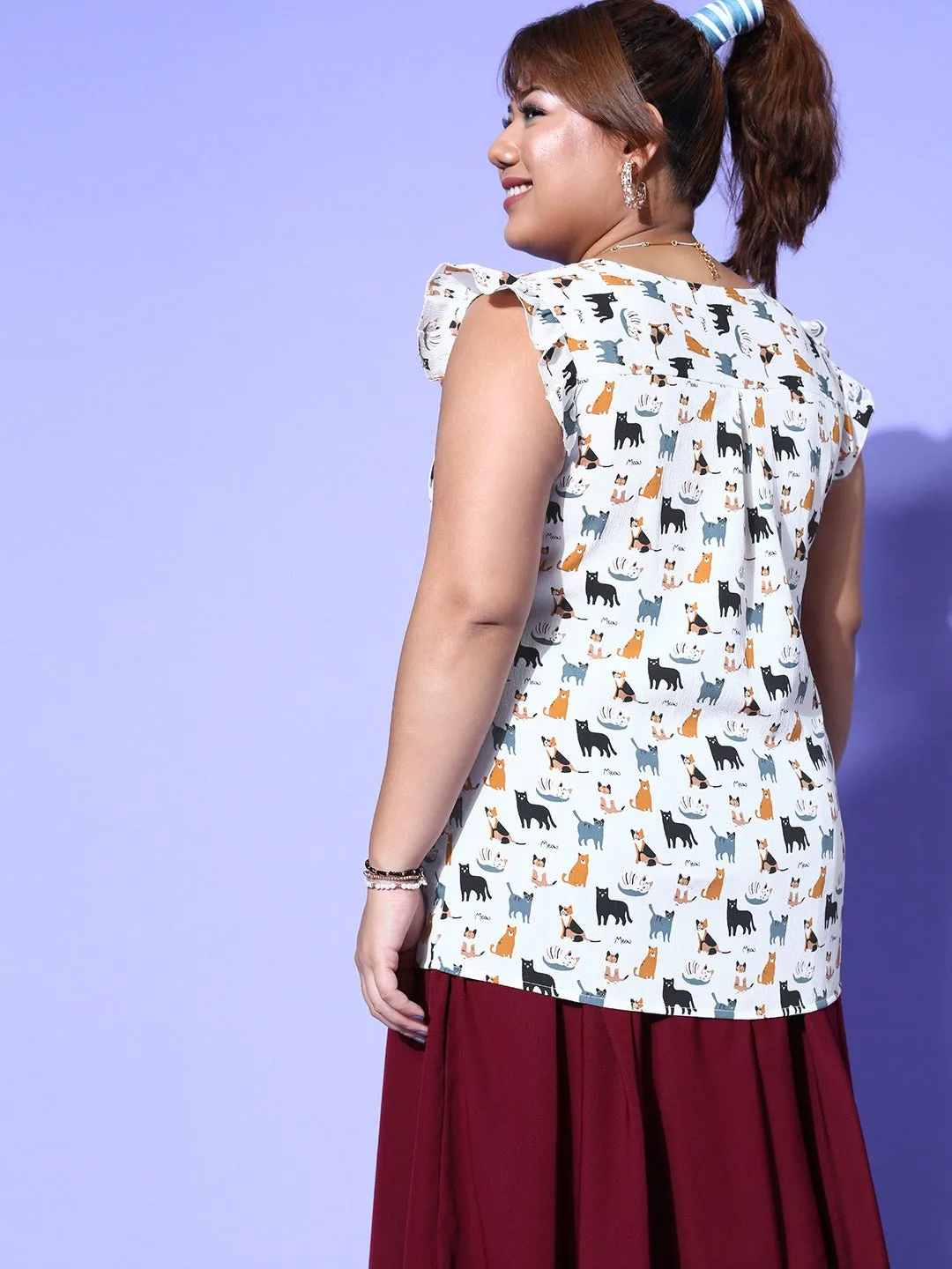 Berrylush Women Plus Size White & Black Cat Printed V-Neck Flutter Sleeve Regular Top