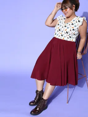 Berrylush Women Plus Size White & Black Cat Printed V-Neck Flutter Sleeve Regular Top