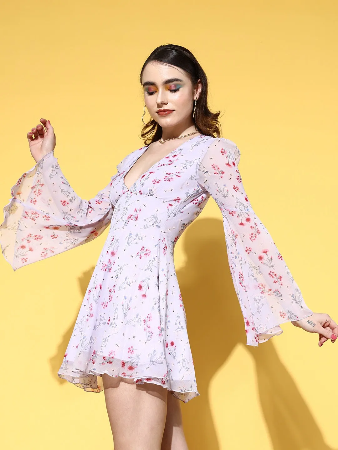 Berrylush Women Purple & Pink Floral Printed V-Neck Bell Sleeves Chiffon Semi-Sheer Fit & Flare Mini Dress