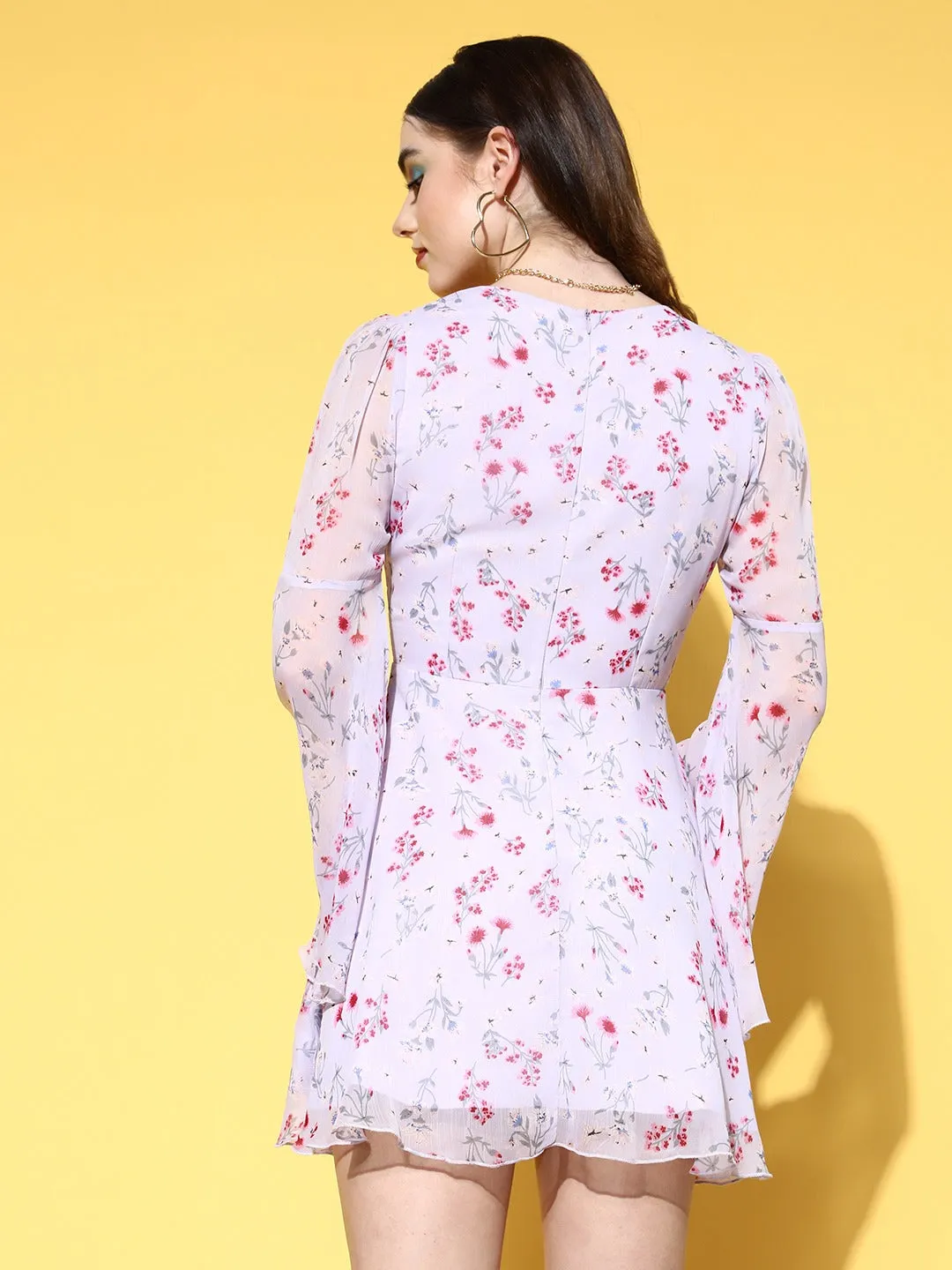 Berrylush Women Purple & Pink Floral Printed V-Neck Bell Sleeves Chiffon Semi-Sheer Fit & Flare Mini Dress