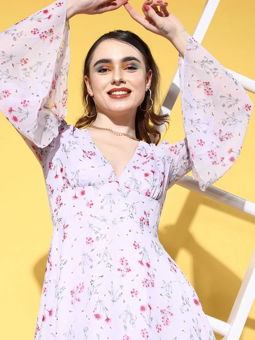 Berrylush Women Purple & Pink Floral Printed V-Neck Bell Sleeves Chiffon Semi-Sheer Fit & Flare Mini Dress