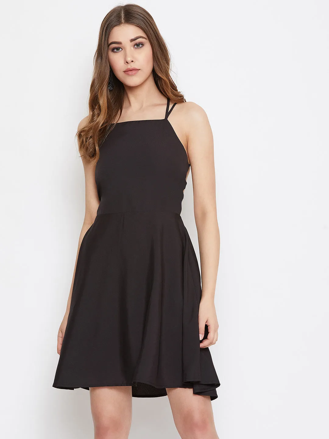Berrylush Women Solid Black Caged Back Tie-Up Fit & Flare Mini Dress