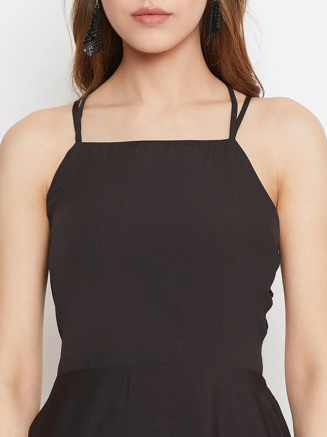 Berrylush Women Solid Black Caged Back Tie-Up Fit & Flare Mini Dress