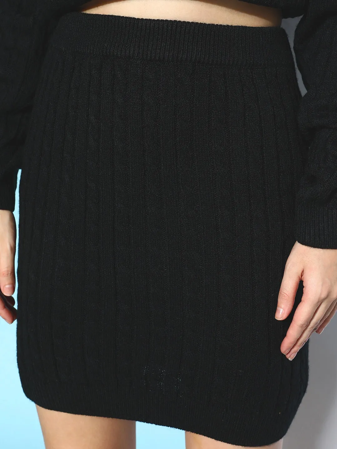 Berrylush Women Solid Black Round Neck Acrylic Slip-On Knitted Top & Skirt Co-Ord Set
