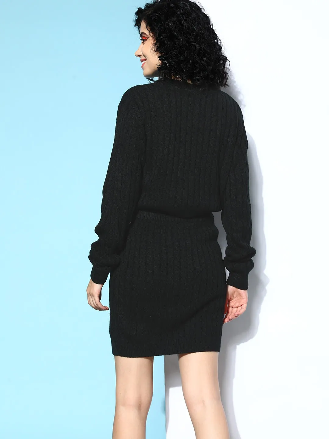 Berrylush Women Solid Black Round Neck Acrylic Slip-On Knitted Top & Skirt Co-Ord Set