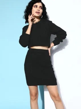 Berrylush Women Solid Black Round Neck Acrylic Slip-On Knitted Top & Skirt Co-Ord Set