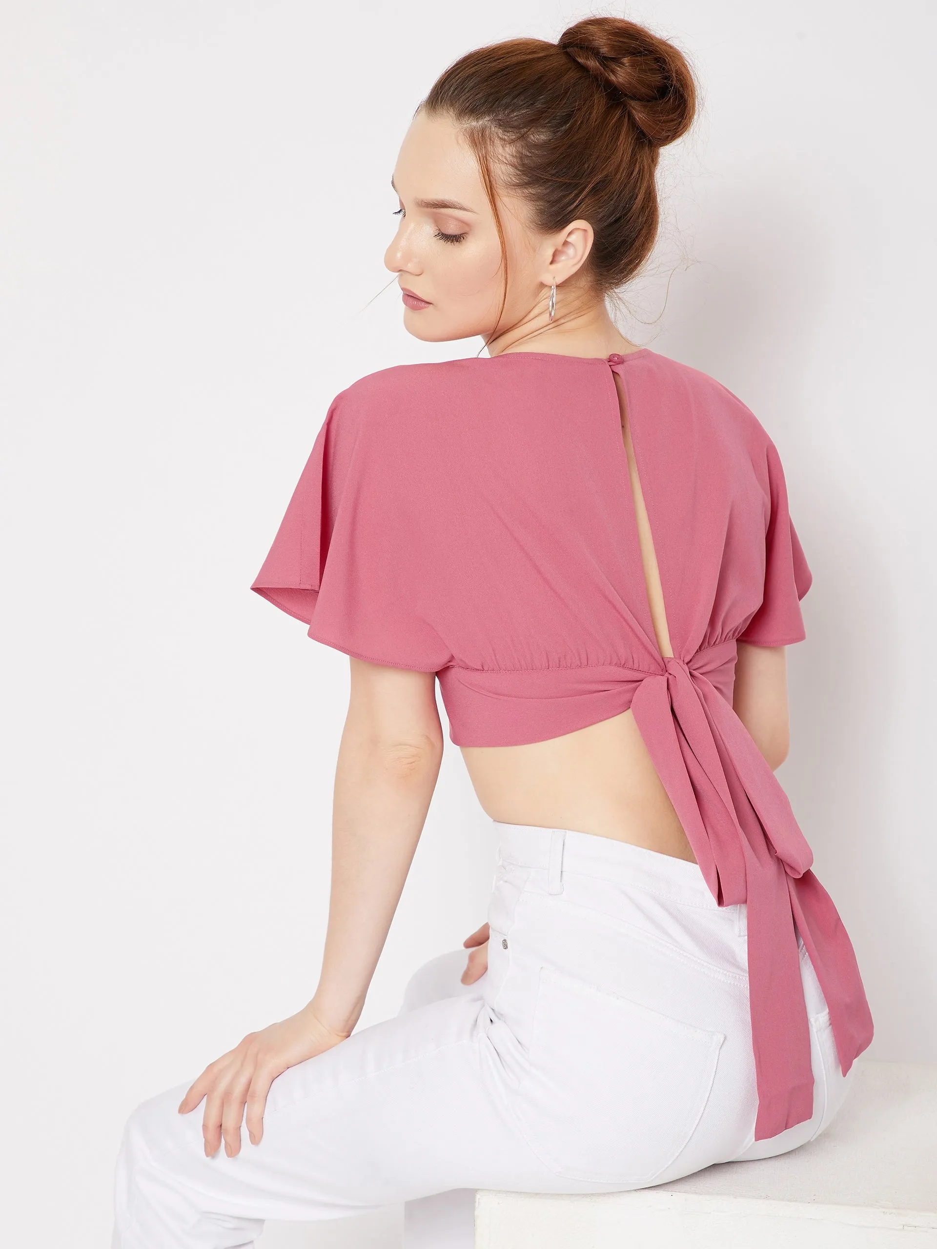 Berrylush Women Solid Dark Pink V-Neck Tie-Up Back Crepe Wrap Cropped Top
