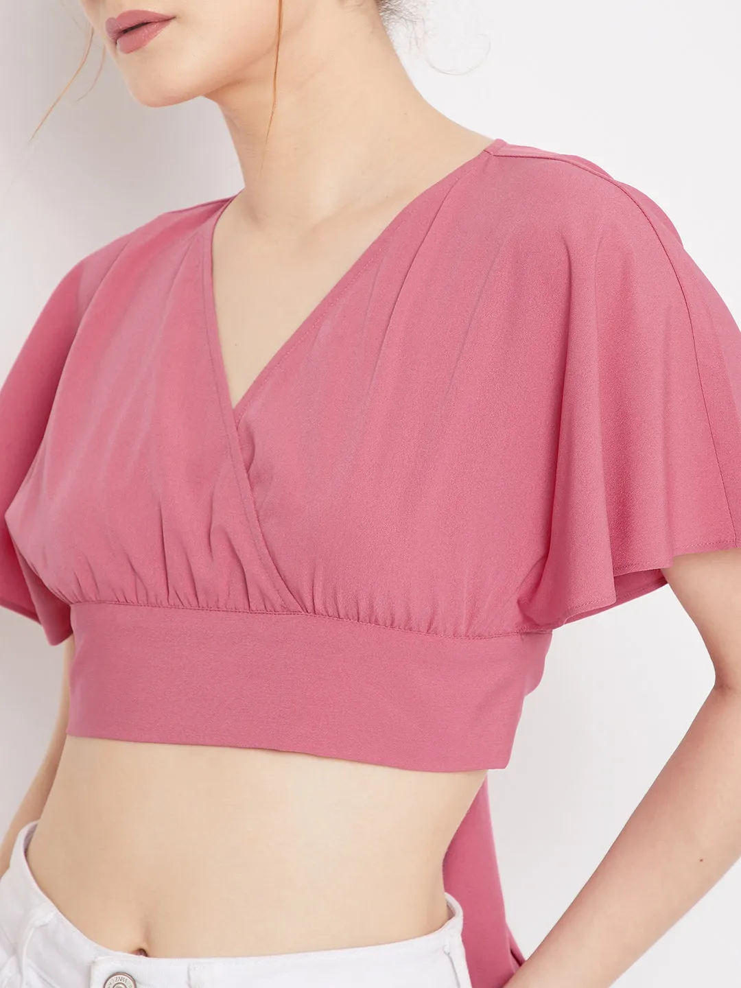 Berrylush Women Solid Dark Pink V-Neck Tie-Up Back Crepe Wrap Cropped Top