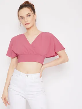 Berrylush Women Solid Dark Pink V-Neck Tie-Up Back Crepe Wrap Cropped Top