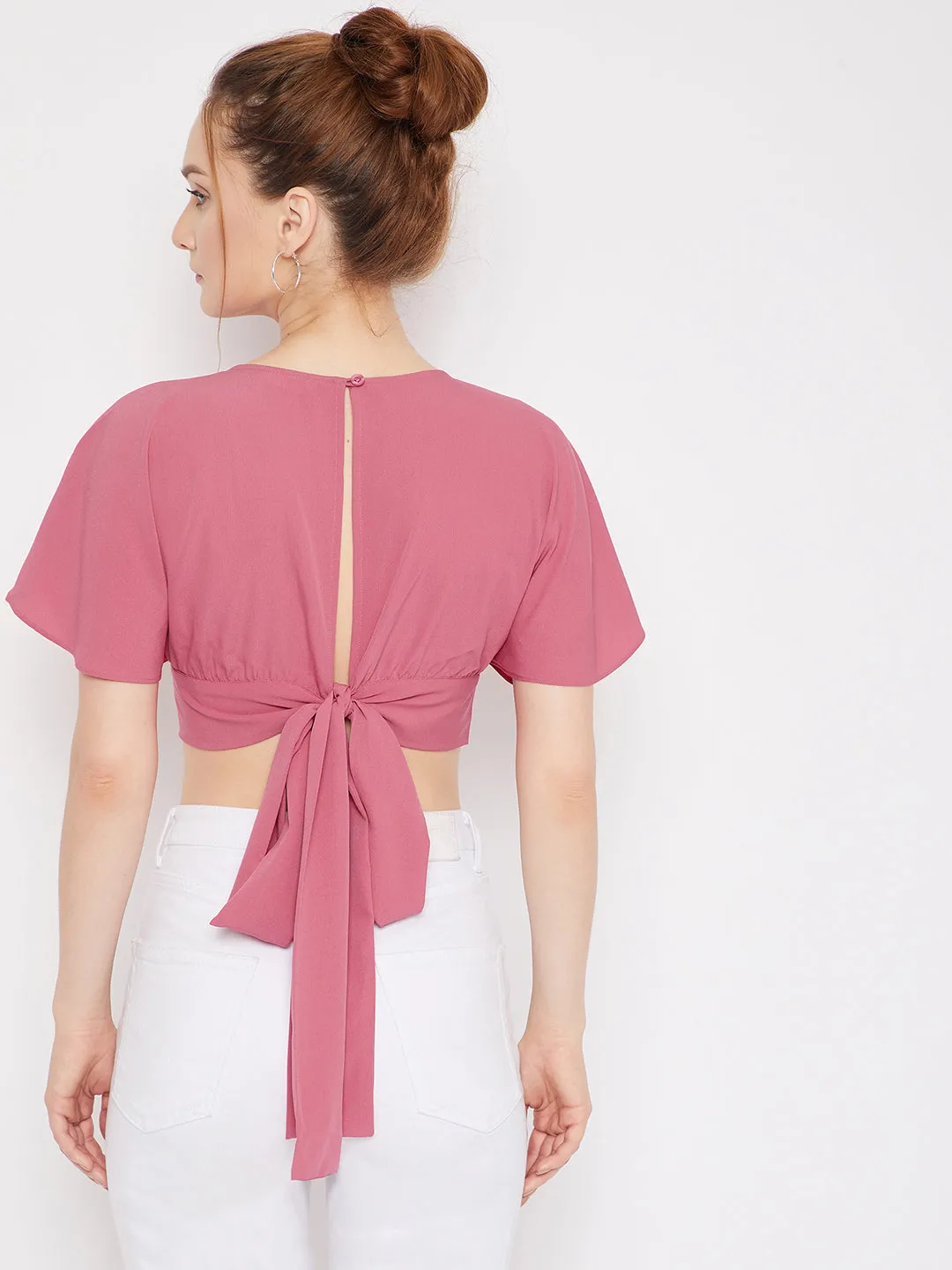 Berrylush Women Solid Dark Pink V-Neck Tie-Up Back Crepe Wrap Cropped Top