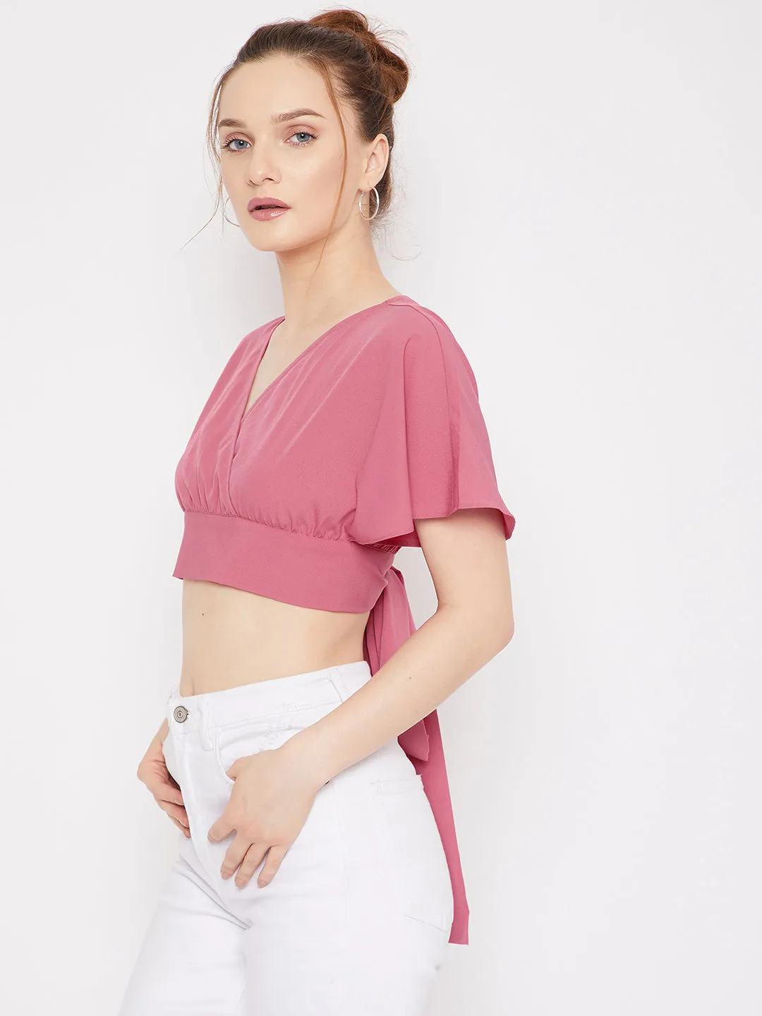 Berrylush Women Solid Dark Pink V-Neck Tie-Up Back Crepe Wrap Cropped Top