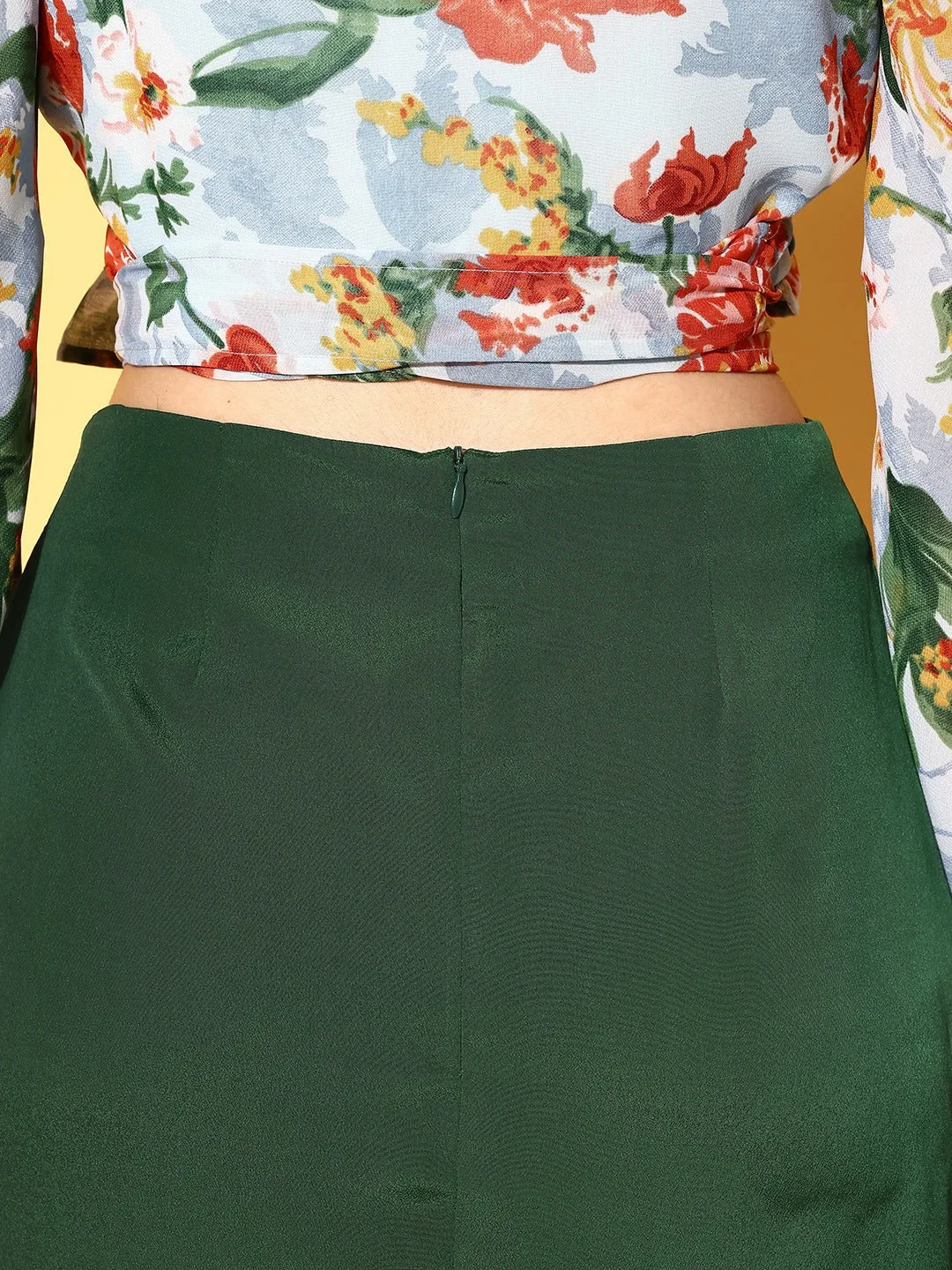 Berrylush Women Solid Green Satin Finish Front Slit Straight Hem A-Line Mini Skirt