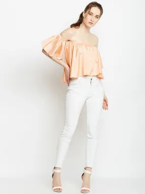 Berrylush Women Solid Peach Off-Shoulder Neck Flared Sleeves Ruffled Bardot Crop Top