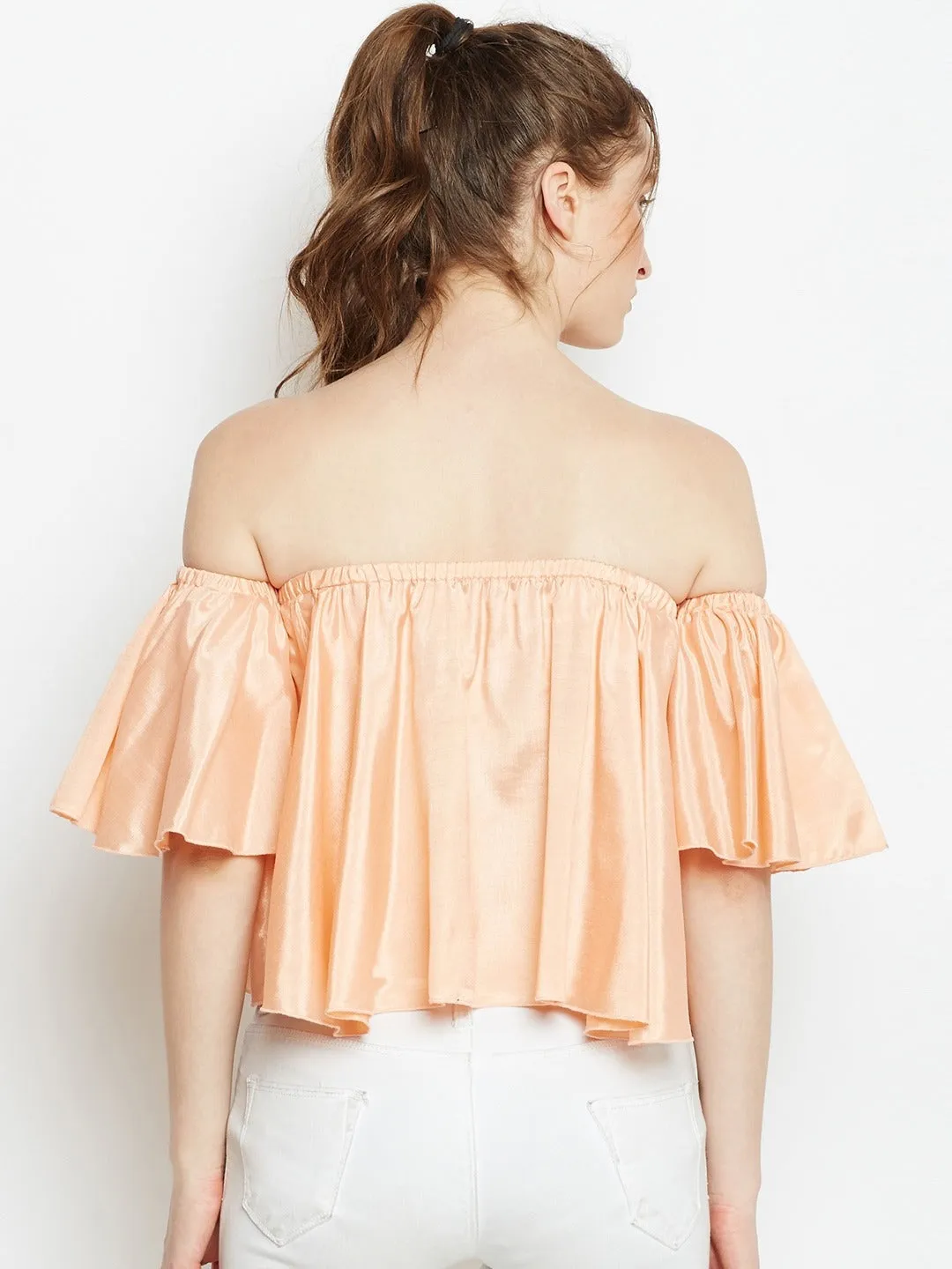Berrylush Women Solid Peach Off-Shoulder Neck Flared Sleeves Ruffled Bardot Crop Top