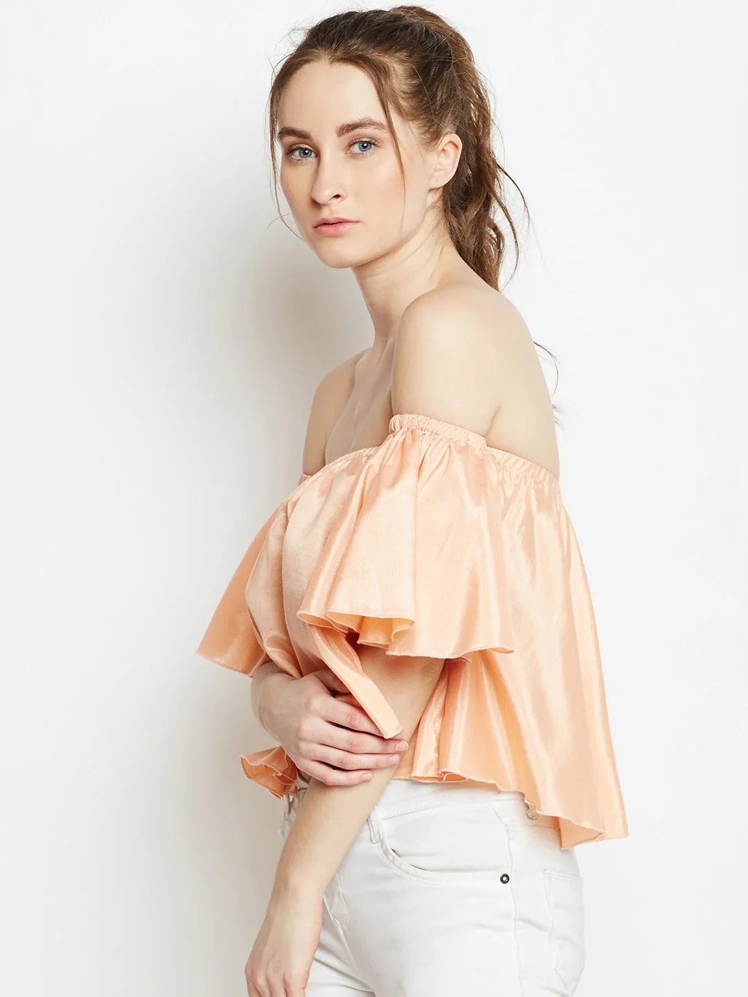 Berrylush Women Solid Peach Off-Shoulder Neck Flared Sleeves Ruffled Bardot Crop Top