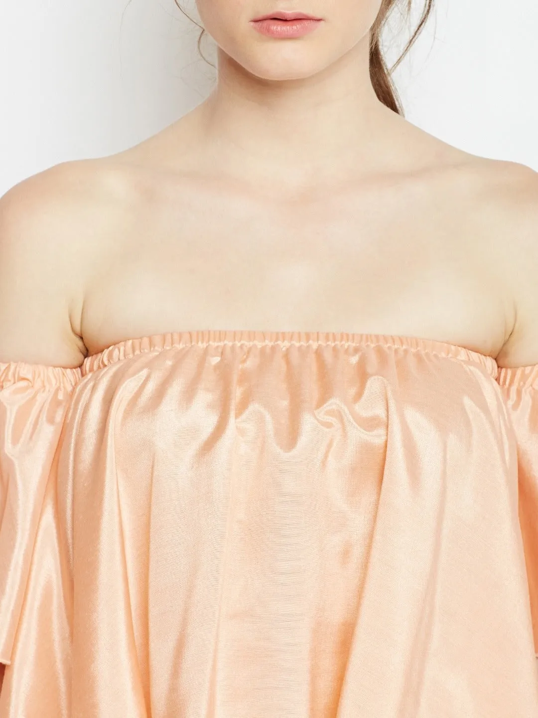 Berrylush Women Solid Peach Off-Shoulder Neck Flared Sleeves Ruffled Bardot Crop Top