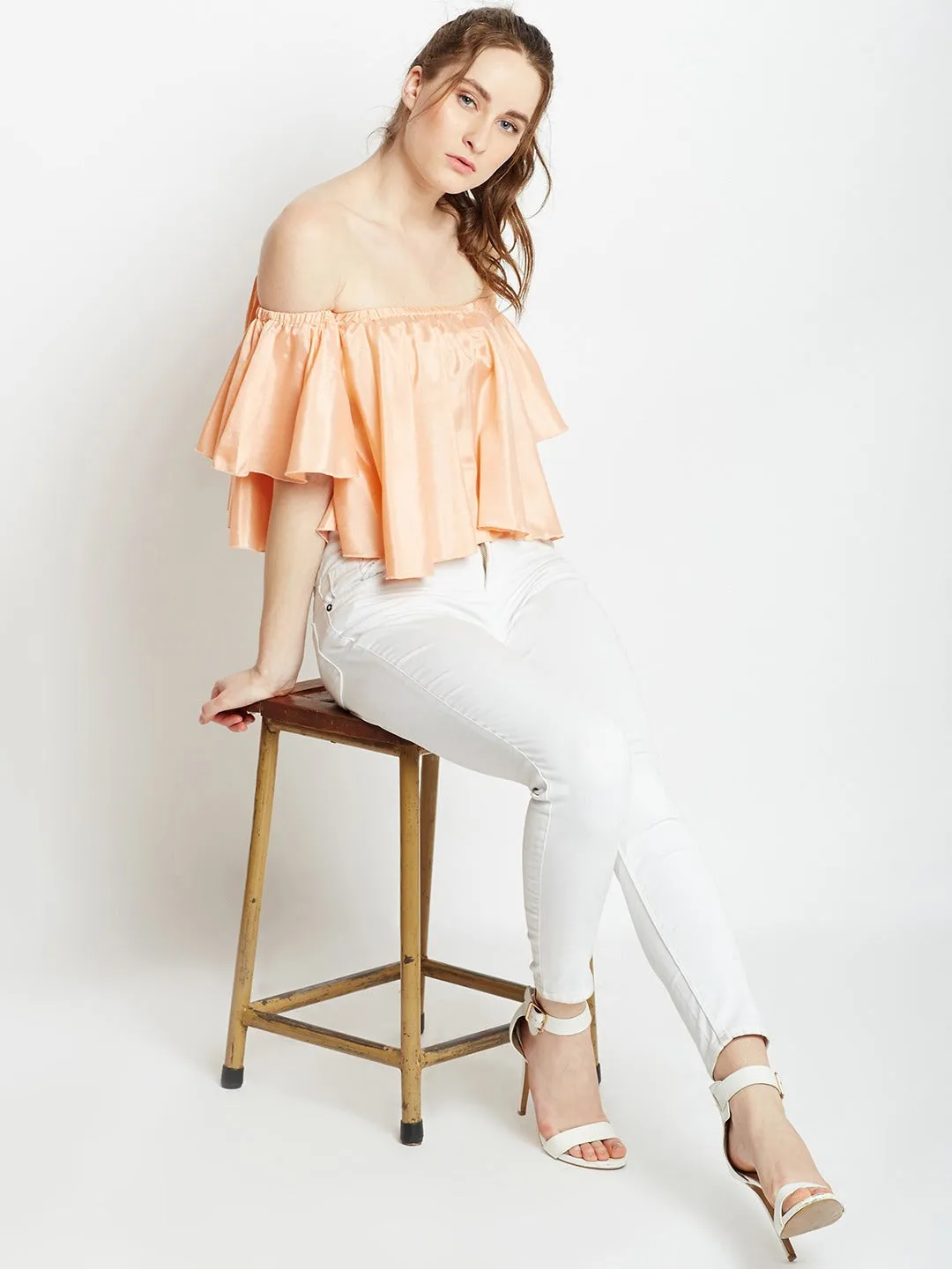 Berrylush Women Solid Peach Off-Shoulder Neck Flared Sleeves Ruffled Bardot Crop Top