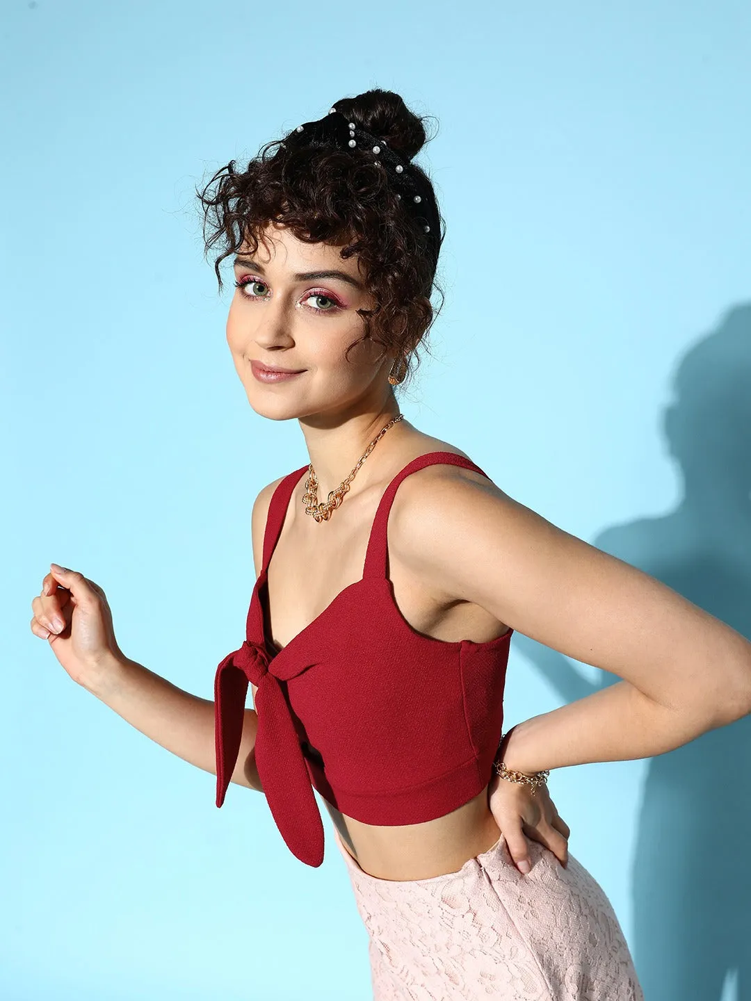 Berrylush Women Solid Red Tie-Up Neck Front Cutout Sleeveless Crepe Knitted Crop Bralette Top