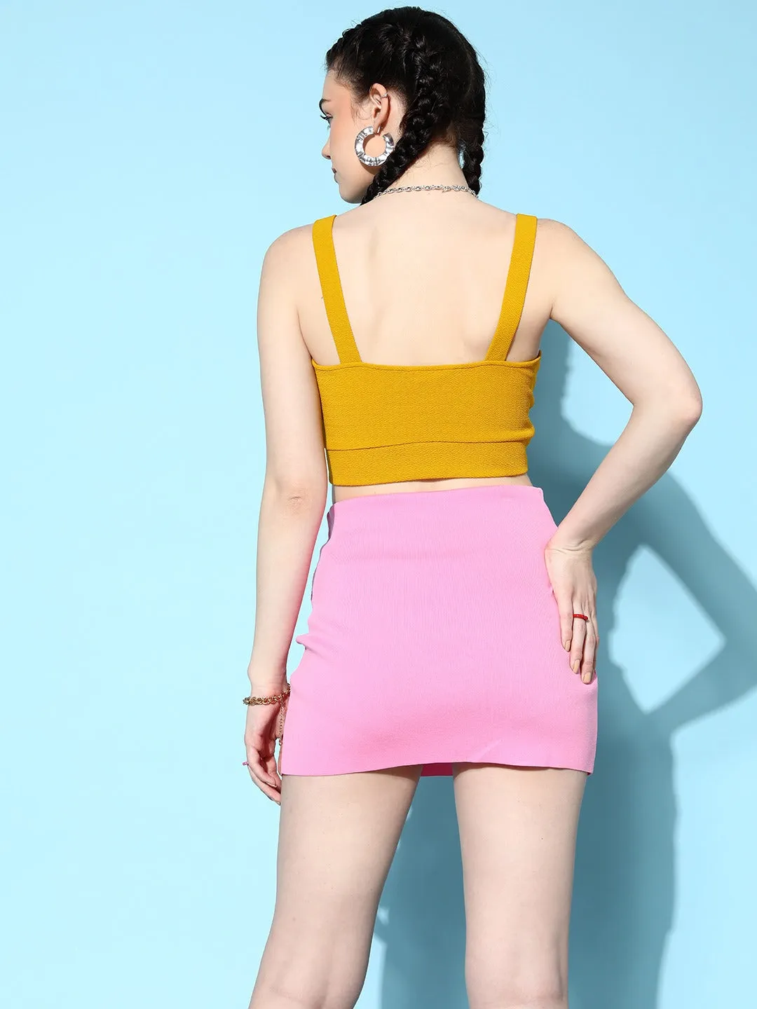 Berrylush Women Solid Yellow Tie-Up Neck Front Cutout Sleeveless Crepe Knitted Crop Bralette Top