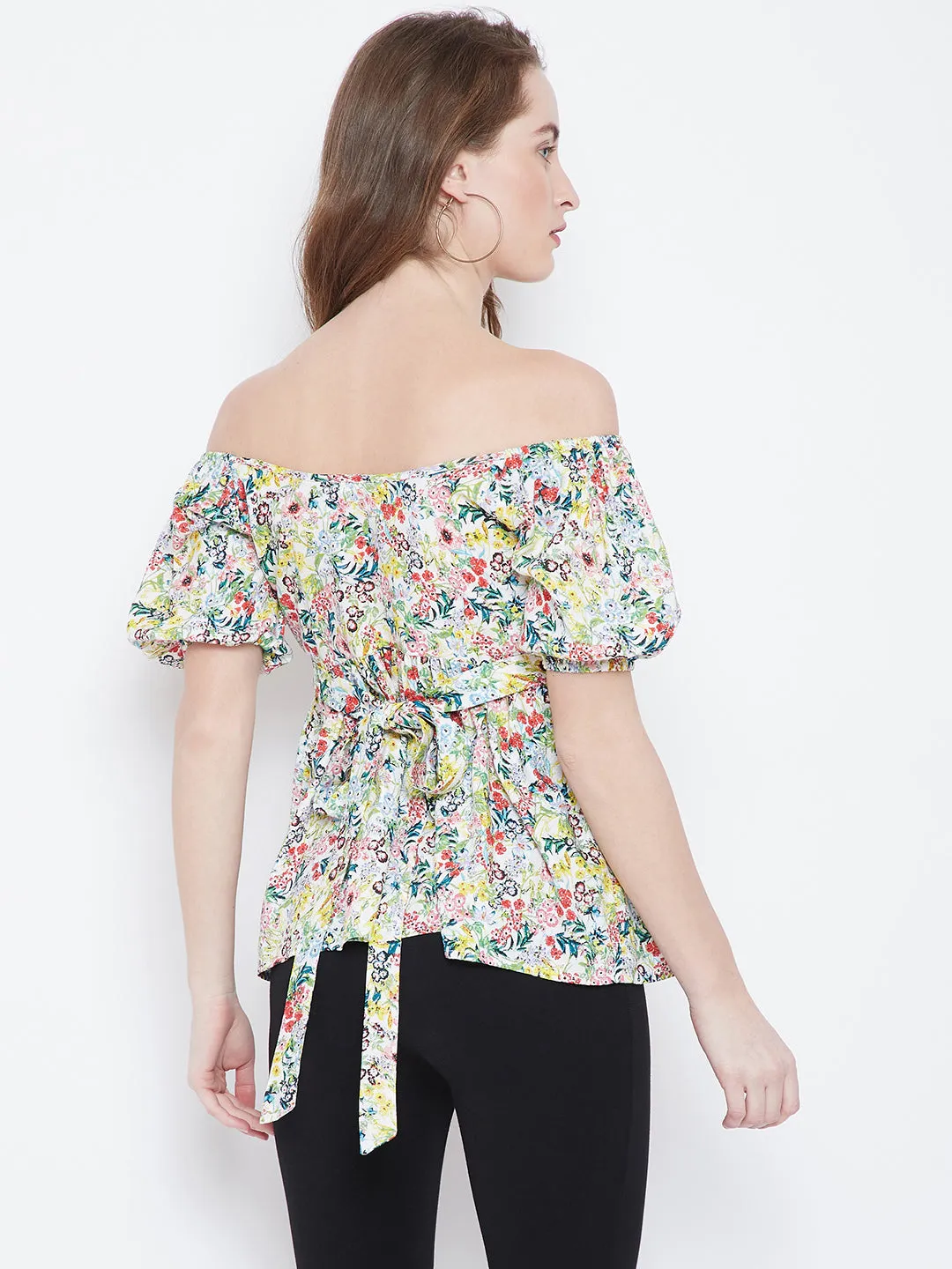 Berrylush Women White & Multicoloured Off-Shoulder Floral Printed Cinched-Waist Bardot Top