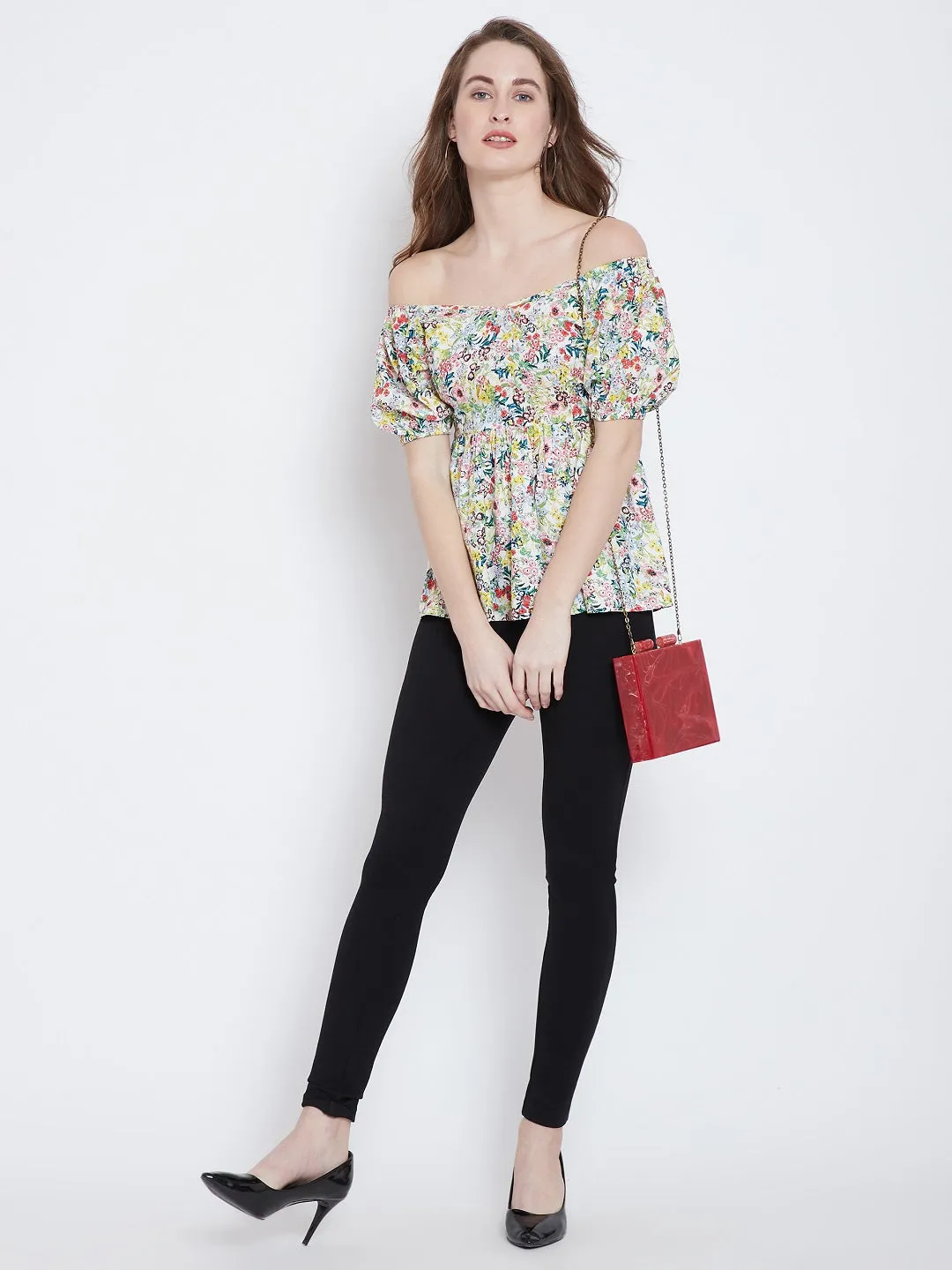 Berrylush Women White & Multicoloured Off-Shoulder Floral Printed Cinched-Waist Bardot Top