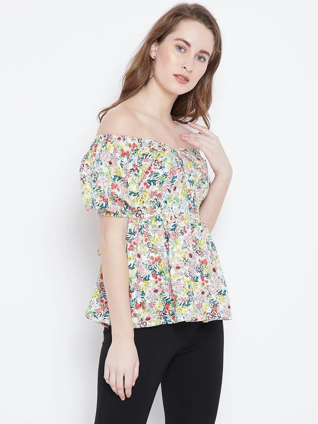 Berrylush Women White & Multicoloured Off-Shoulder Floral Printed Cinched-Waist Bardot Top