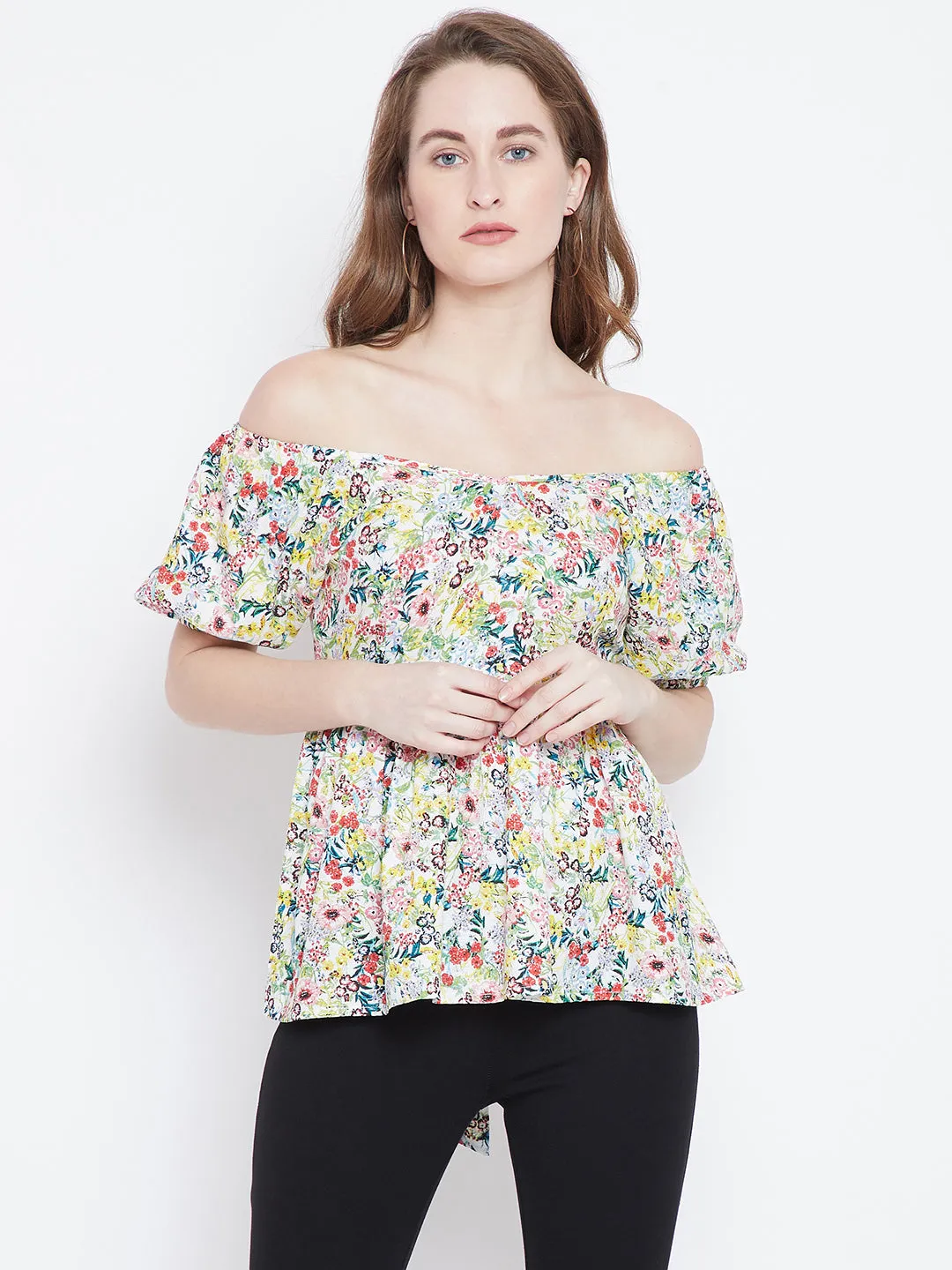 Berrylush Women White & Multicoloured Off-Shoulder Floral Printed Cinched-Waist Bardot Top