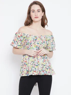 Berrylush Women White & Multicoloured Off-Shoulder Floral Printed Cinched-Waist Bardot Top