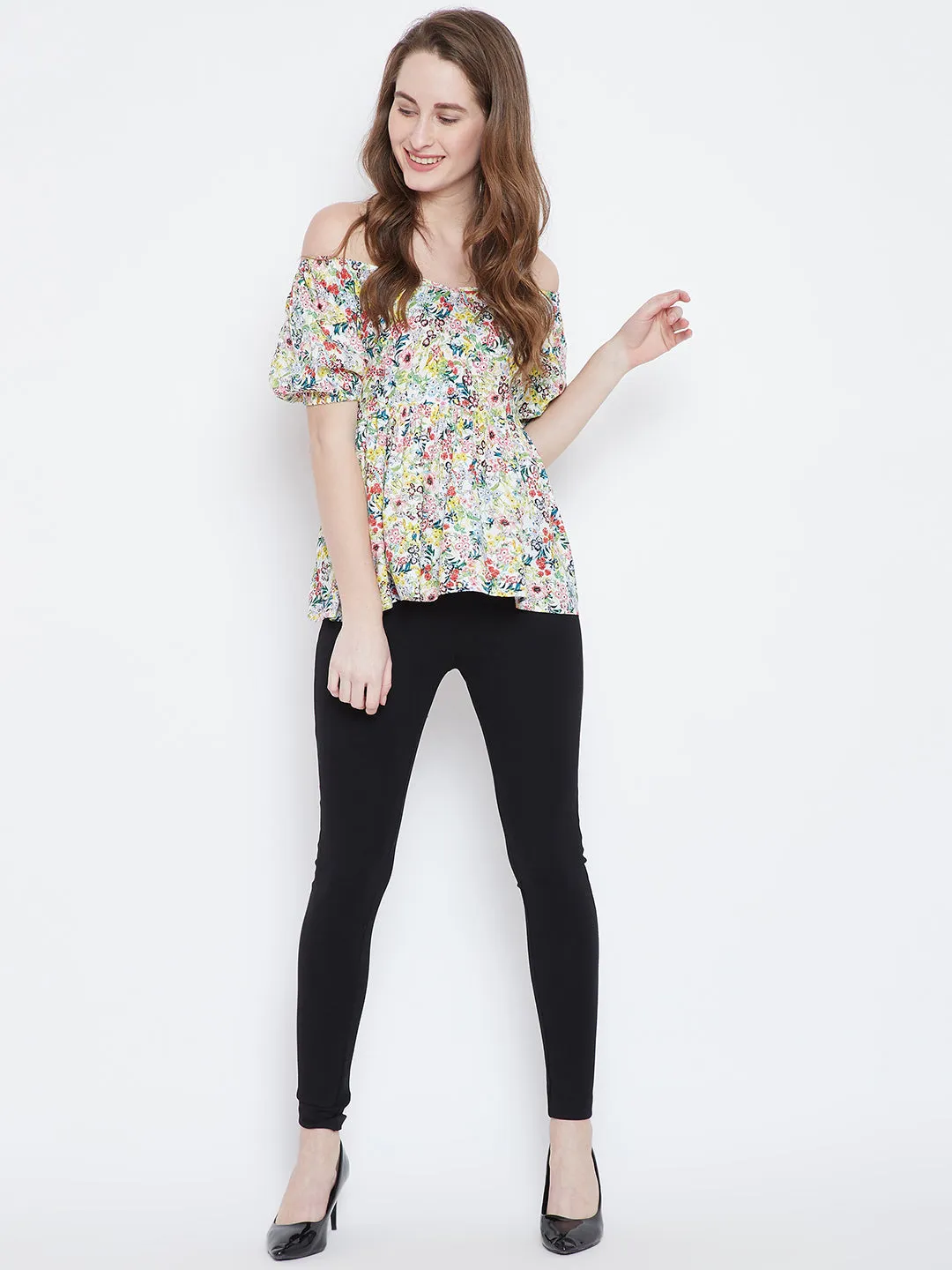 Berrylush Women White & Multicoloured Off-Shoulder Floral Printed Cinched-Waist Bardot Top