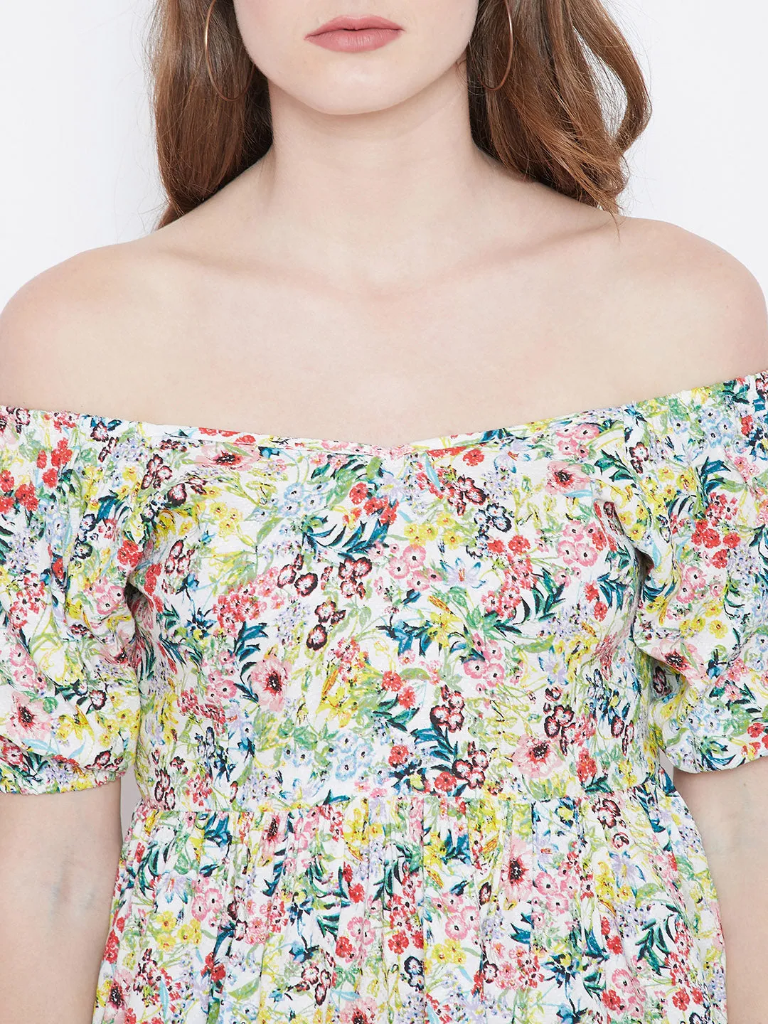 Berrylush Women White & Multicoloured Off-Shoulder Floral Printed Cinched-Waist Bardot Top