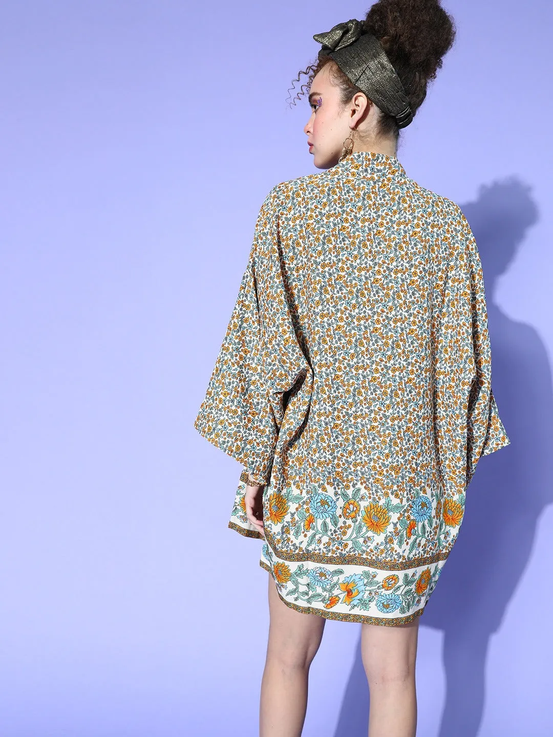 Berrylush Women White, Blue, & Orange Floral Printed Crop Top & Tie-Up Front Shorts With Shrug