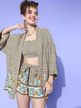 Berrylush Women White, Blue, & Orange Floral Printed Crop Top & Tie-Up Front Shorts With Shrug