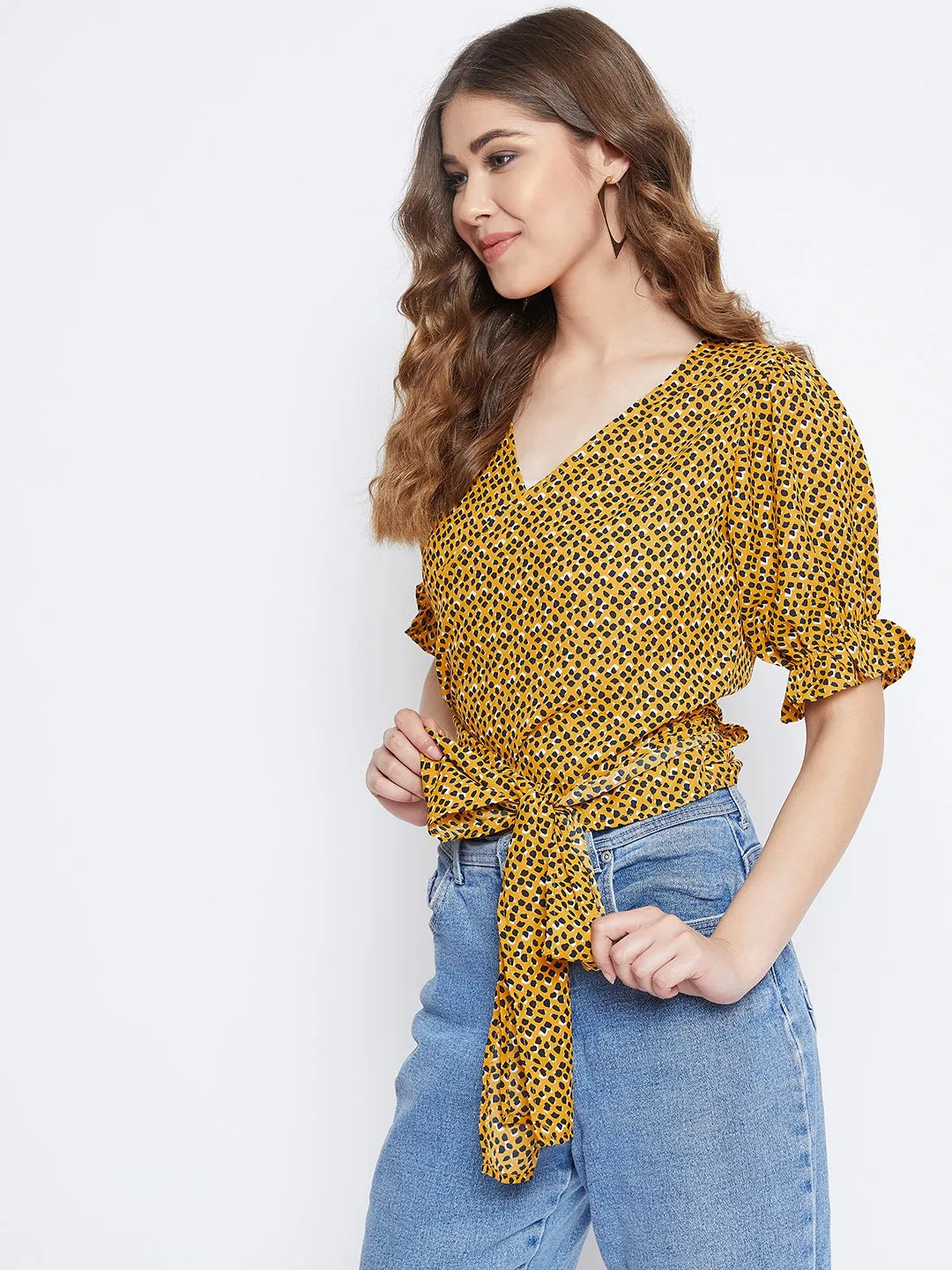 Berrylush Women Yellow & Black Leopard Printed V-Neck Tie-Up Knot Wrap Top