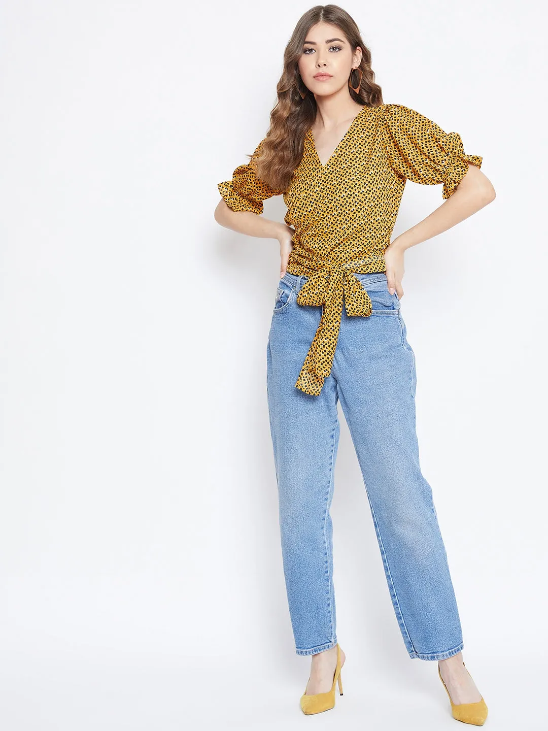 Berrylush Women Yellow & Black Leopard Printed V-Neck Tie-Up Knot Wrap Top
