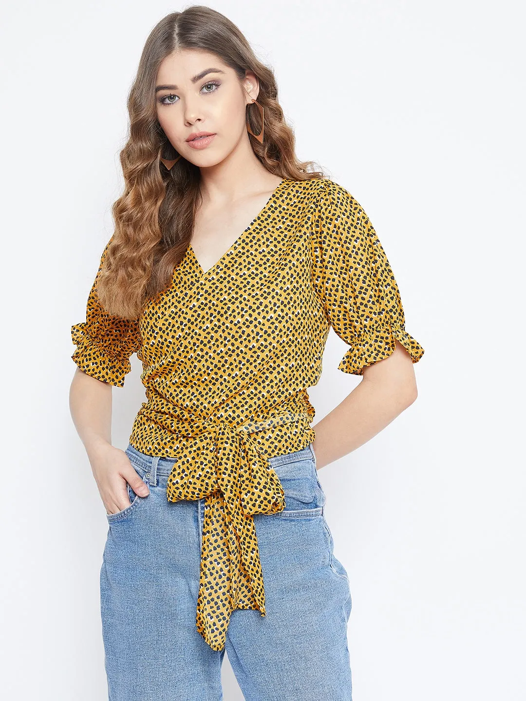 Berrylush Women Yellow & Black Leopard Printed V-Neck Tie-Up Knot Wrap Top