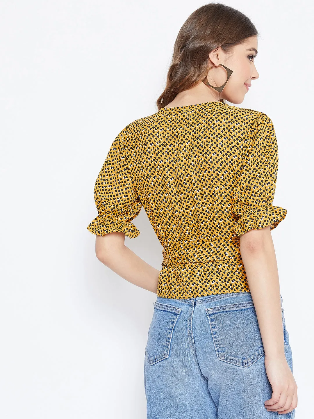 Berrylush Women Yellow & Black Leopard Printed V-Neck Tie-Up Knot Wrap Top