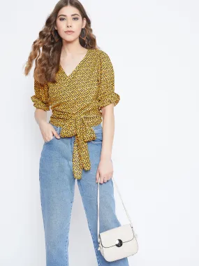 Berrylush Women Yellow & Black Leopard Printed V-Neck Tie-Up Knot Wrap Top