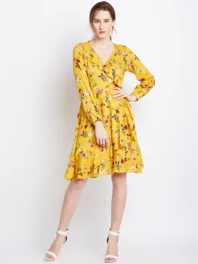 Berrylush Women Yellow Floral Printed V-Neck Ruffled Fit & Flare Mini Dress