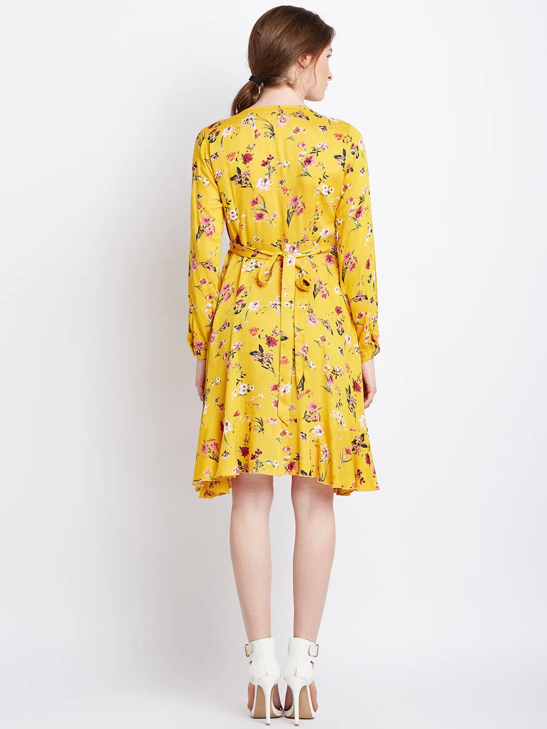 Berrylush Women Yellow Floral Printed V-Neck Ruffled Fit & Flare Mini Dress