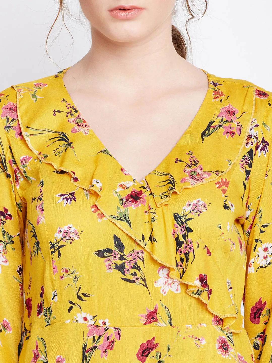 Berrylush Women Yellow Floral Printed V-Neck Ruffled Fit & Flare Mini Dress