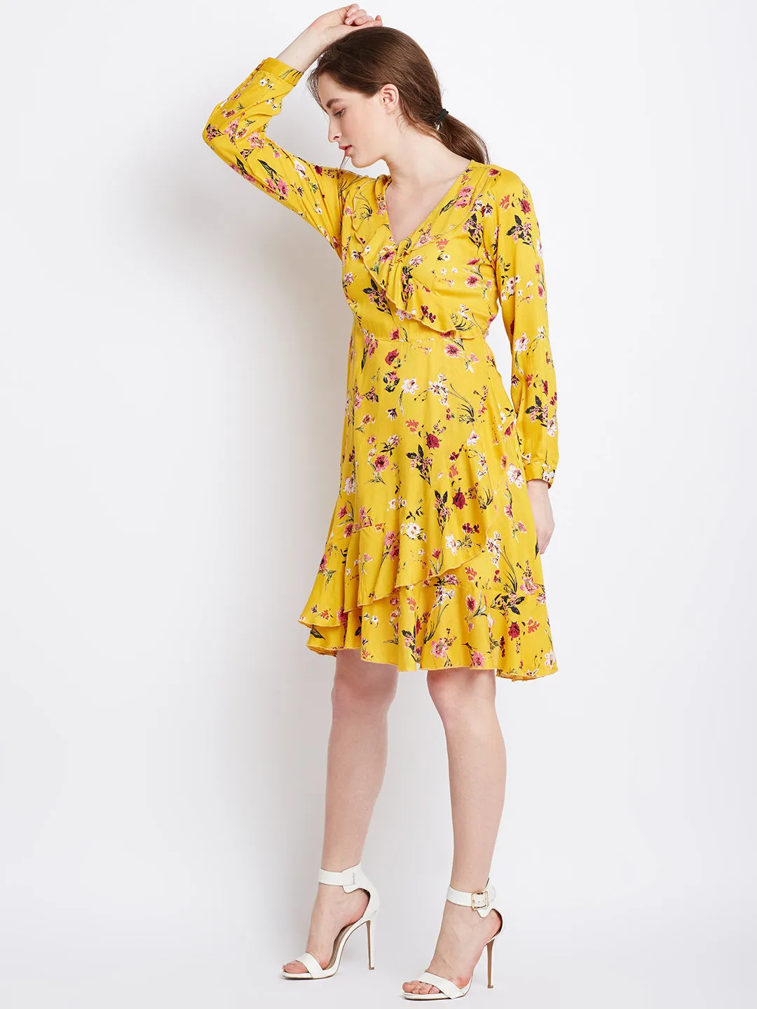 Berrylush Women Yellow Floral Printed V-Neck Ruffled Fit & Flare Mini Dress