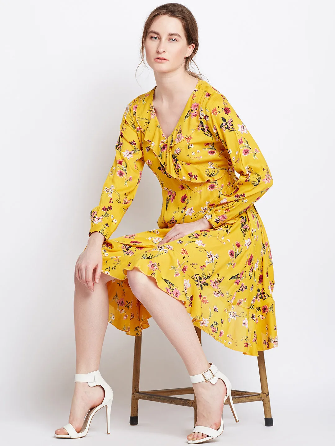 Berrylush Women Yellow Floral Printed V-Neck Ruffled Fit & Flare Mini Dress