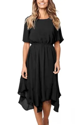 Black Irregular Hem Short Sleeve Chiffon Dress
