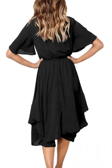 Black Irregular Hem Short Sleeve Chiffon Dress
